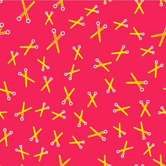 Line Knitting needles icon isolated seamless pattern on red background. Label for hand made, knitting or tailor shop. Vector