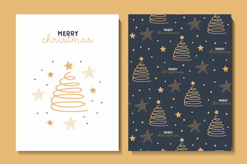 Illustration and seamless pattern with cute chritmas  tree, stars and snowflakes