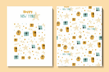 Christmas and Happy New Year seamless pattern and card with cute gifts.