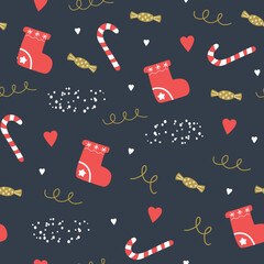 Seamless pattern with Christmas socks, stars and snowflake