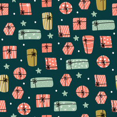 Christmas and Happy New Year pattern with cute gifts and stars. Printing on a poster, postcard, clothing.