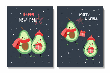 Christmas and Happy New Year set of cards with cute christmas avocado
