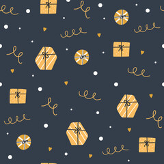 Christmas and Happy New Year pattern with cute gifts and stars. Printing on a poster, postcard, clothing.