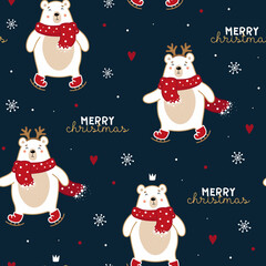Christmas and Happy New Year seamless pattern with cute bear