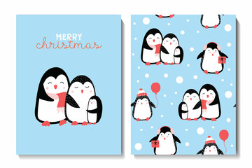 Christmas and Happy New Year set of cards with cute christmas penguins. Seamless pattern