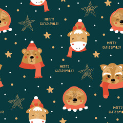 Christmas and Happy New Year seamless pattern with cute bear, giraffee, sloth, raccoon