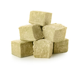 Tasty hojicha marshmallows on white background