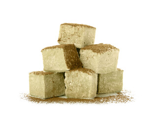 Tasty hojicha marshmallows on white background