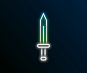 Glowing neon line Medieval sword icon isolated on black background. Medieval weapon. Colorful outline concept. Vector