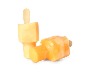 Tasty melon popsicles on white background