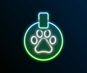 Glowing neon line Collar with name tag icon isolated on black background. Supplies for domestic animal. Dog or cat paw print. Cat and dog care. Pet chains. Colorful outline concept. Vector