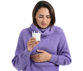 Young woman with dairy allergy on white background