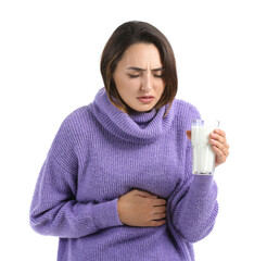 Young woman with dairy allergy on white background