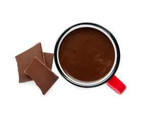 Cup of tasty hot chocolate on white background