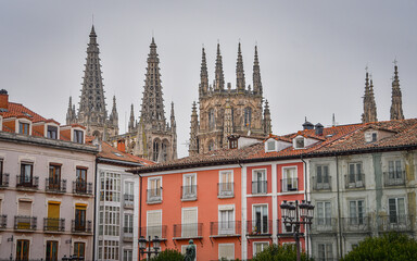 Burgos, Spain - 16 Oct 2021: Colourful buildings in the Plaza Mayor of Burgos, Castile and Leon, Spain