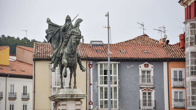 Burgos, Spain - 16 Oct 2021: Statue of El Cid in the Plaza Mio Cid