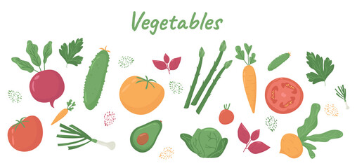 Set of vegetables in a flat style. Vegan concept. Vector illustration on white background.