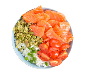 Bowl with tasty rice, salmon, tomato and pumpkin seeds on white background