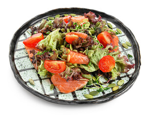 Tasty salad with salmon in plate on white background