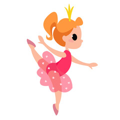 Princess cute ballerina dancing in a pink dress and crown. Vector in cartoon funny style.