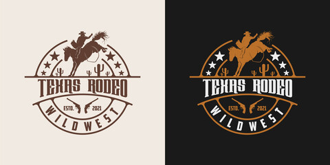 Vintage retro texas rodeo cowboy riding horse logo design template - obrazy, fototapety, plakaty