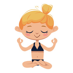 Cartoon girl sitting in a yoga pose. Vector character isolate