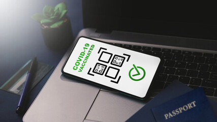 Valid digital COVID certificate on mobile device for verification. Green pass certificate for...