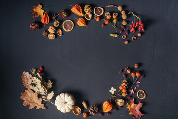 Autumn or thanksgiving composition with leaves, pumpkin,nuts and corns