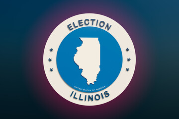 US state Illinois gubernatorial election. Election sign with a bright map of Illinois state in the middle, background blue. 3D illustration