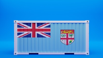 Side View Shipping Container on Blue Background with the National Flag of Fiji