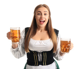 Surprised Octoberfest waitress with pale beer on white background