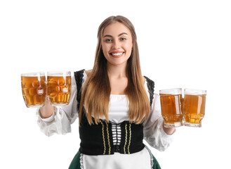 Beautiful Octoberfest waitress with pale beer on white background