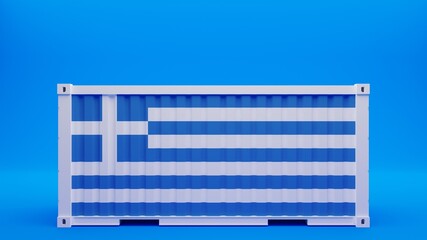 Side View Shipping Container on Blue Background with the National Flag of Greece