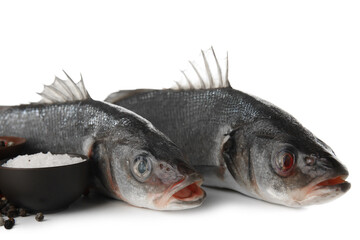Fresh uncooked sea bass fish on white background, closeup