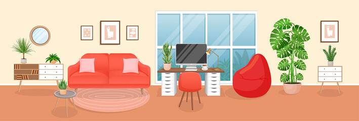Design of a cozy room for working from home. Office with computer, workplace room, cabinet. Modern living room interior with furniture and house plants. Vector flat style illustration.