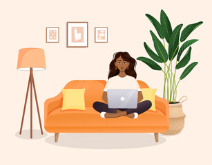 Woman sits on the couch in a room with a laptop computer. Flat vector illustration of freelance, work at home, work, office, education. Remote work and communication in social networks.