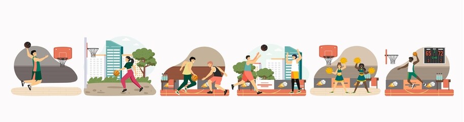 Basketball player set, vector illustration. Athletes dribbling, throwing ball in basket, jumping, making slam dunk shot. © Wanlee