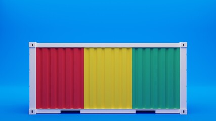 Side View Shipping Container on Blue Background with the National Flag of Guinea