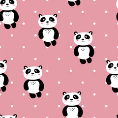 Seamless pattern with cute panda baby on color polka dots background. Funny asian animals. Card, postcards for kids. Flat vector illustration for fabric, textile, wallpaper
