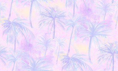 Fototapeta na wymiar Subdued tropics on a soft pink pattern with watercolor painted coconut trees for textiles and surface design