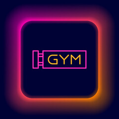 Fototapeta na wymiar Glowing neon line Location gym icon isolated on black background. Colorful outline concept. Vector