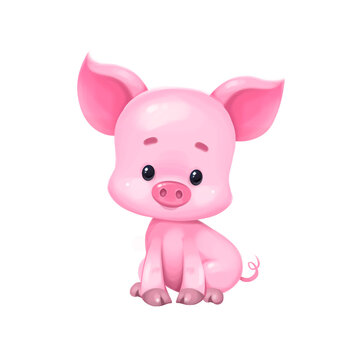 A pink cute cartoon pig is sitting. Illustration in the cartoon style. Isolated on white background