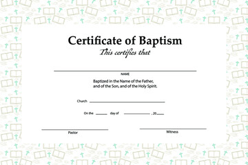 Certificate of baptism template, 
with Christian cross and open bible symbol pattern seamless.