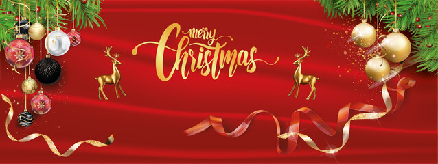 card or banner on a gold merry christmas on a red background with around christmas balls, reindeer, fir branches and streamers
