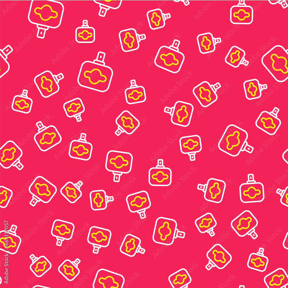 Poster line perfume icon isolated seamless pattern on red background. vector