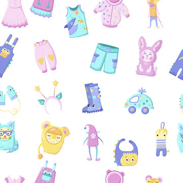 Clothes for newborns. Children's clothing for boys and girls. Pattern consisting of overalls, T-shirts, dresses, overalls, bodysuits, toys. Vector illustration