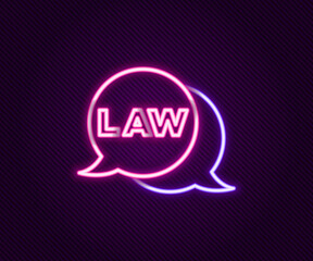 Glowing neon line Law icon isolated on black background. Colorful outline concept. Vector