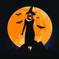Halloween Witch. Silhouette of a beautiful young witch with the moon and bats. Vector illustration