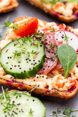 Sandwiches with cream cheese, vegetables and salami.