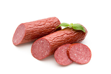 Salami smoked sausage, basil leaves on white background cutout.